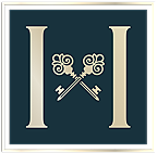 Stylized logo with crossed ornate keys.